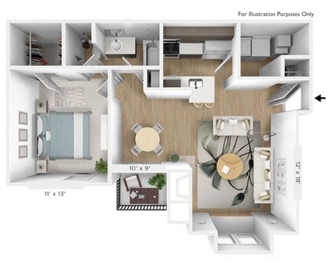 Floor plan for 1 bed, 1 bath, 735 sqft